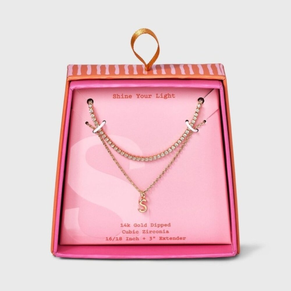 🔱 14K Gold Dipped Cubic Zirconia Initial “S” Necklace Set 2pc ⚜️